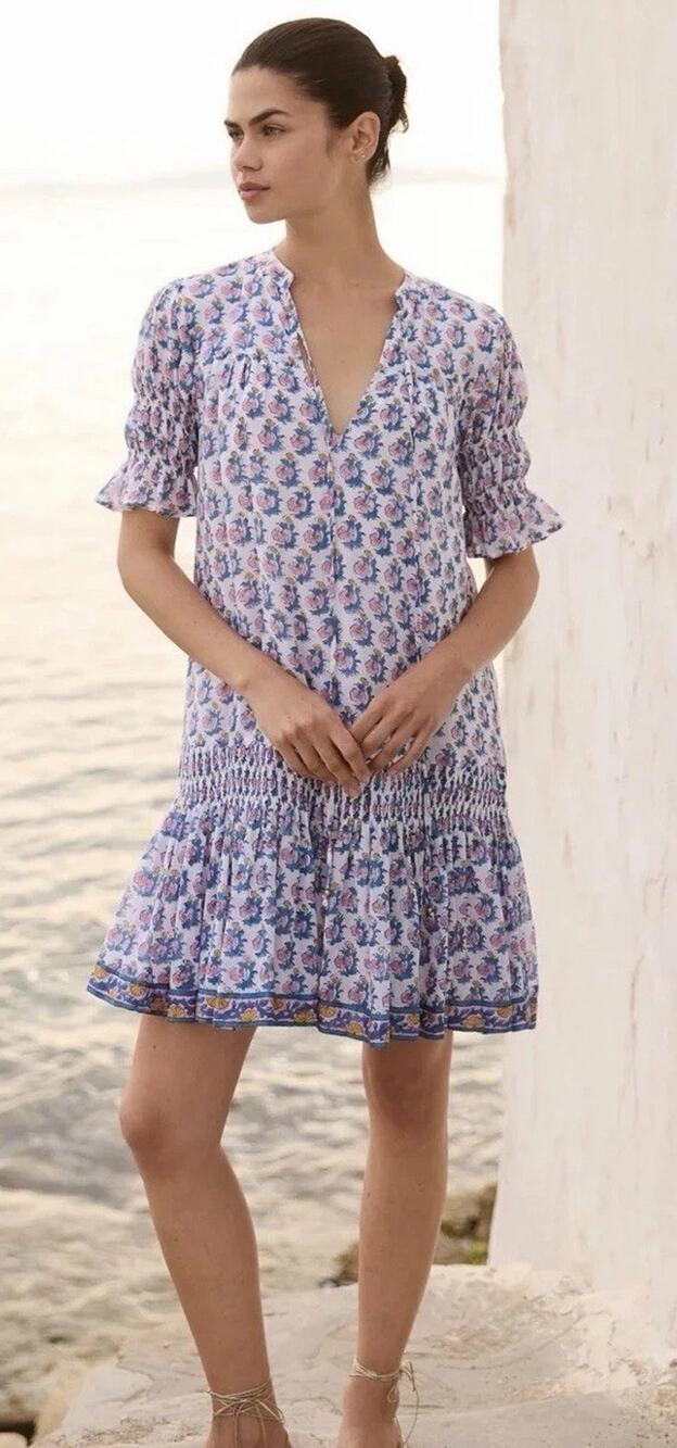 Oliphant Smock Mini Dress Crocus Blue Floral 100% Cotton Drop Waist XXS